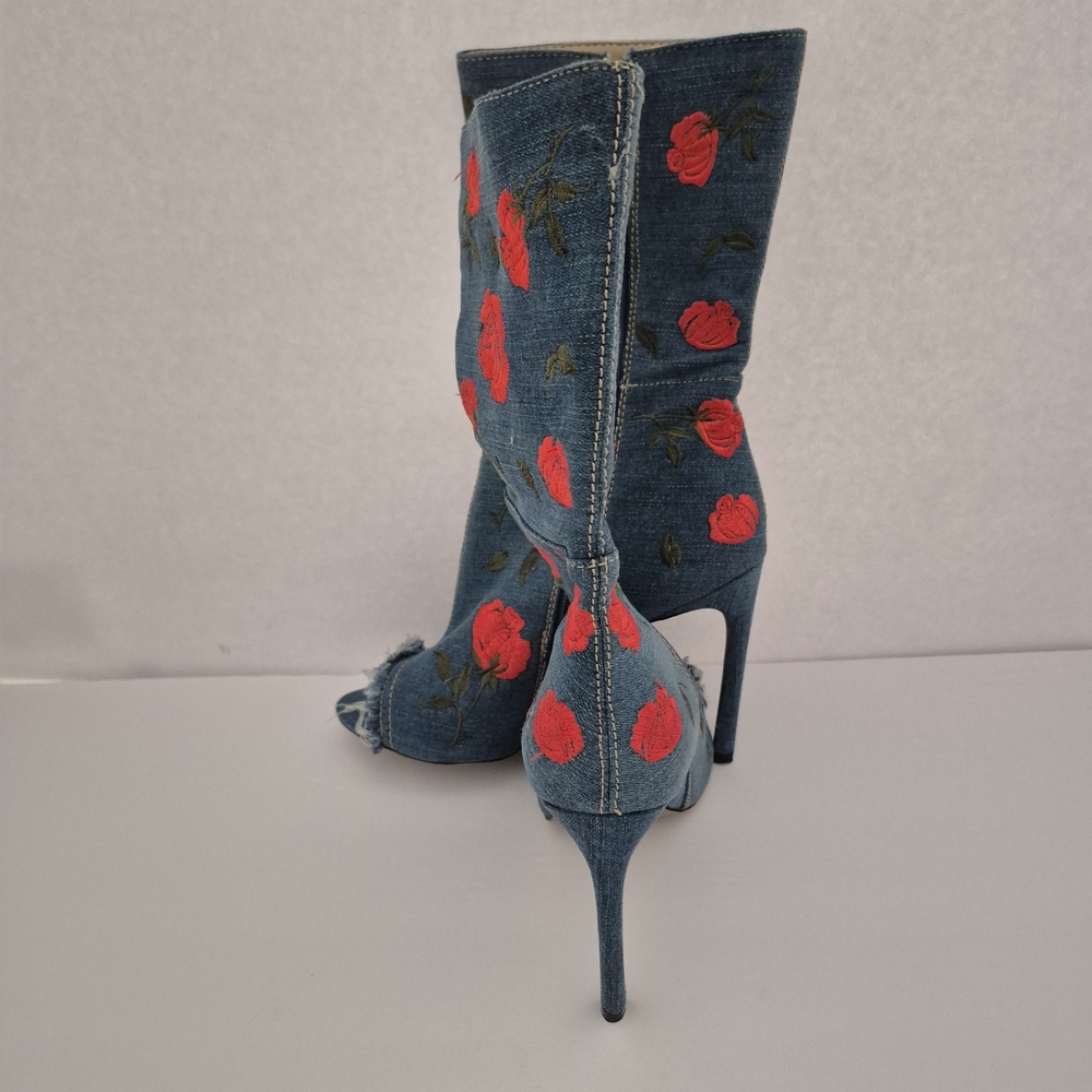 AKIRA Romantic Red Rose Embroidered Denim Booties - Picture 3 of 5